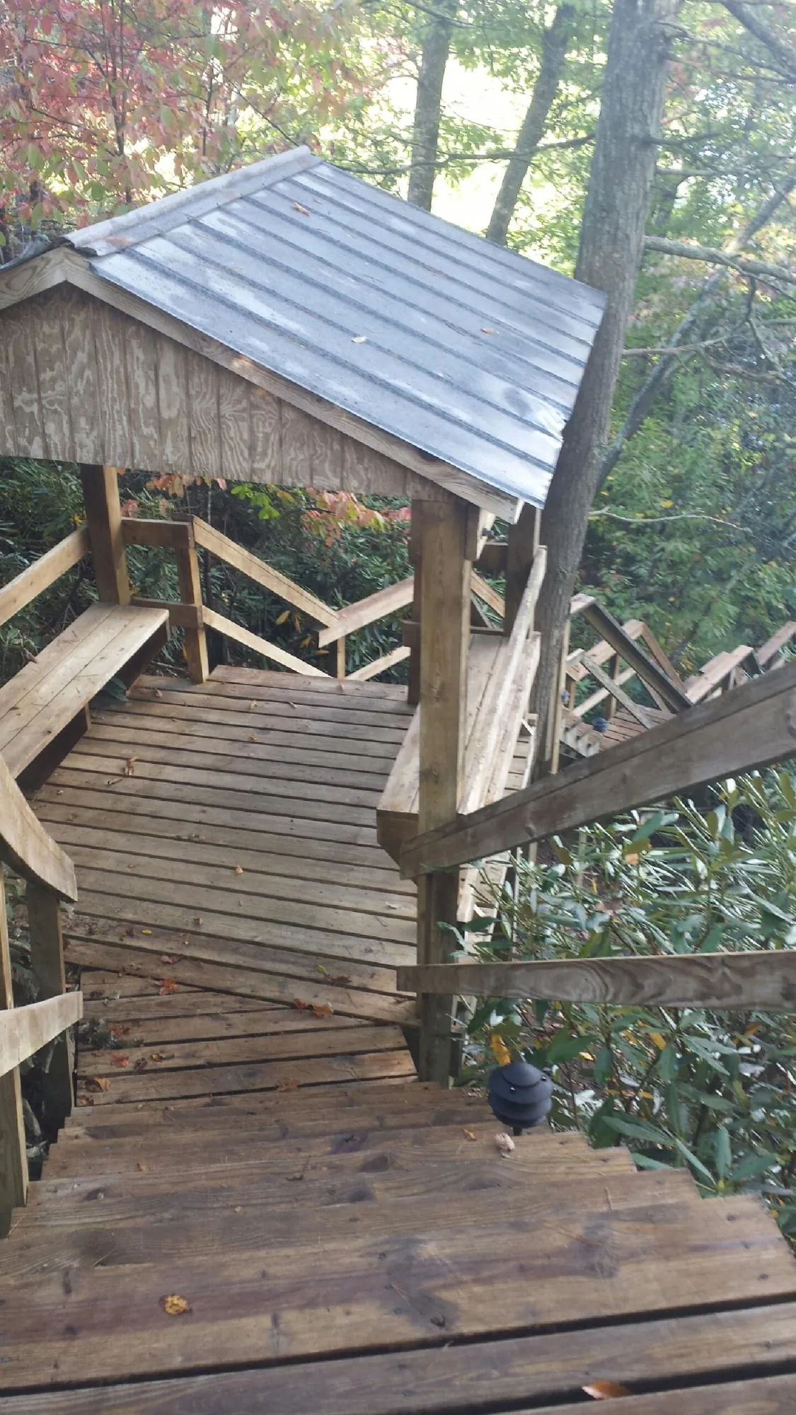 Metal roofed shelter over wooden steps on a wooded walkway — Skylight Repair & Installation work by our crew in Brodnax